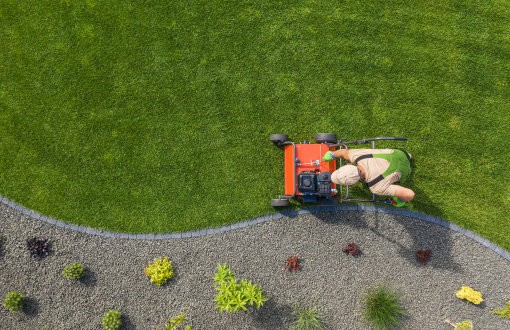 Landscaping activity in a garden - man with a lawnmower